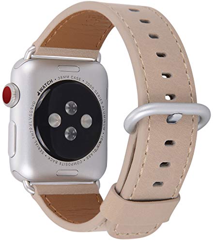 JSGJMY Leather Band Compatible with Apple Watch 38mm 40mm 41mm Women Men Strap iwatch SE Series 9 8 7 6 5 4(Light tan with Silvery White Clasp, 38mm/40mm/41mm S/M)