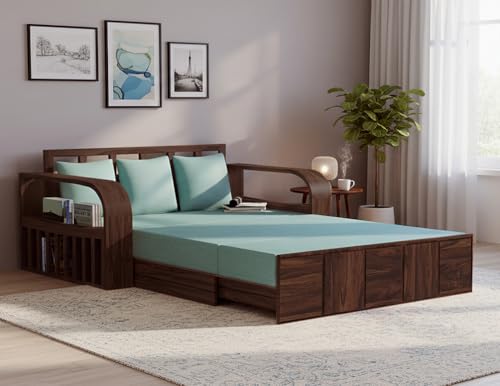 Image of APRODZ Sheesham Wood Sofa Cum Bed, 3 Seater, Walnut Finish, Blue Upholstery (75 x69 x30 Inch)
