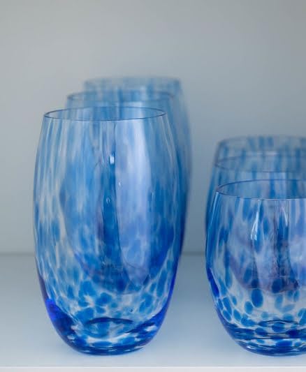 Miniatura 2 de Juego de vasos de agua con confeti azul y cobalto, 5.5 pulgadas de alto, cristalería pulida soplada a mano, juego de 4 vasos para uso diario