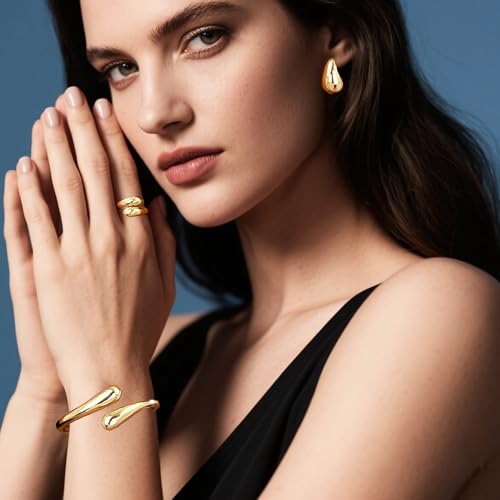 Gold Bangle Bracelet Teardrop Earring Rings Sets for Women Teens, 14K Plated Trendy Chunky Adjustable Jewelry Sets Gift4