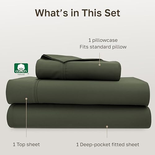 Image of California Design Den Twin Bed Sheets Set - Soft 400 Thread Count Sateen, Natural 100% Cotton Twin Size Sheets, Deep Pockets with All Around Elastic for a Snug Fit, Durable Bedding - Forest Green