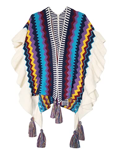 Urban CoCo Women's Knit Stripe Ethnic Flounced Bohemian Tasseled Poncho Shawl