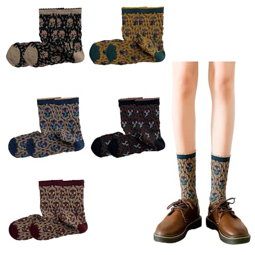 WJIAMPLS 5 Pairs Women's Vintage Floral Crew Socks, Comfortable Fashion Socks with Colorful Floral Designs