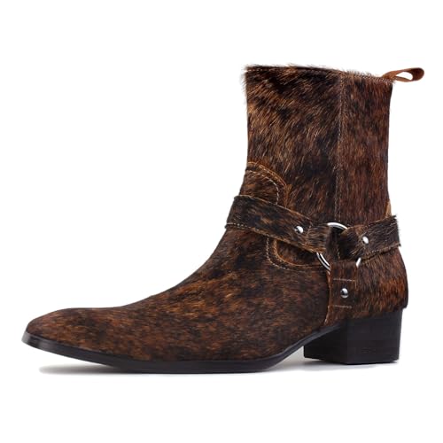 OSSTONE Men Chelsea Ankle Boots Leather Pony Hair Chukka Boots with Side Zipper Heel Dress Boots OS-JY021-B-R Natural Brown
