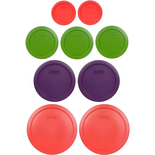 Pyrex (2) 7202-PC 1 tasse rouge, (3) 7200-PC 2 tasses vert pelouse, (2) 7201-PC 4 tasses violettes et (2) couvercles rouges 7402-PC 6/7 tasses – Fabriqué...