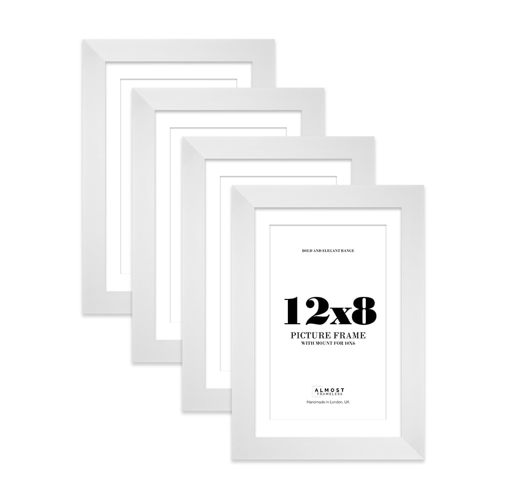 12x8 White Frame With Mount for 10x6 Pictures 28mm Edge Portrait and Landscape Display with Wall Hooks and Kickstand, 4 Pack
