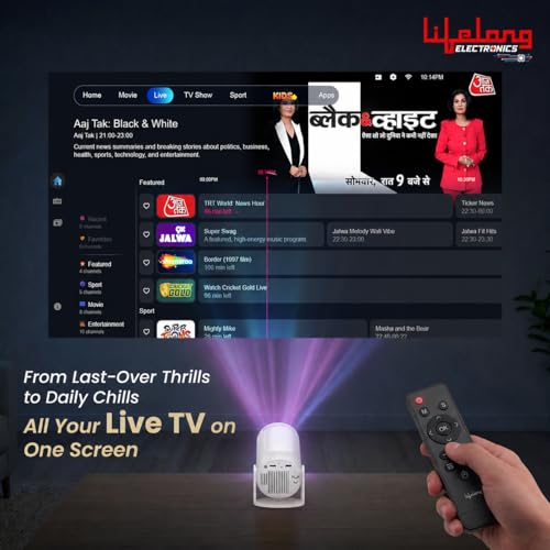 Image of Lifelong Electronics Built-in Live TV Smart Projector | with 90+ Channels (No Subscription Required) | Android, 1080P & 4K Ultra HD Support, 720P Native | for Room & Outdoors | All OTT Apps | WiFi /BT
