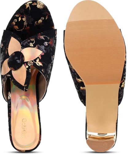 Image of Action Women's Floral Suede Mules| Black with Peach Flower Applique| Gold-Tone Heel Dark Brown