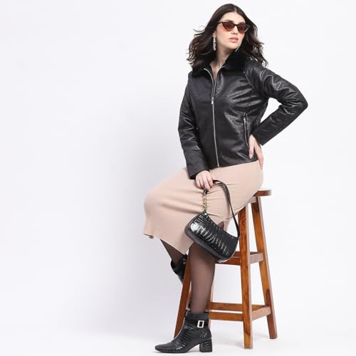 Image of Madame Textured Self Design Bonded Suede Jacket For Women