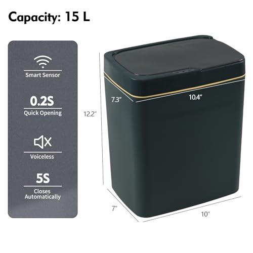 Image of Obstnny Motion Sensor Garbage Can with Automatic Lid, 15 L Plastic Touchless Trash Can, Green