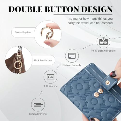 Image of RFID Wallet Women,Slim Small Wallets Embossed Flower Leather Bifold Compact Ladies Girls Wallet with Credit Card Holder Zipper Coin Pocket Peacock Blue