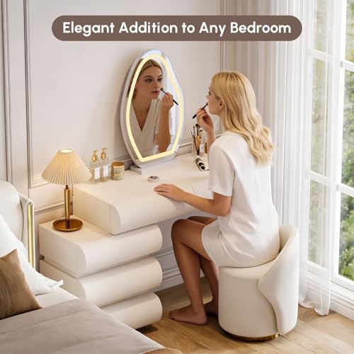 Image of homary White Makeup Vanity Set with LED Mirror and Dressing Stool, Modern PU Leather Dressing Table with Drawers for Bedroom, Ideal for Women Girls (White)