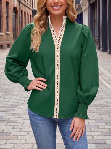 Tankaneo Womens Puff Long Sleeve Blouses Dressy Casual Smocked V Neck Tops — view 2