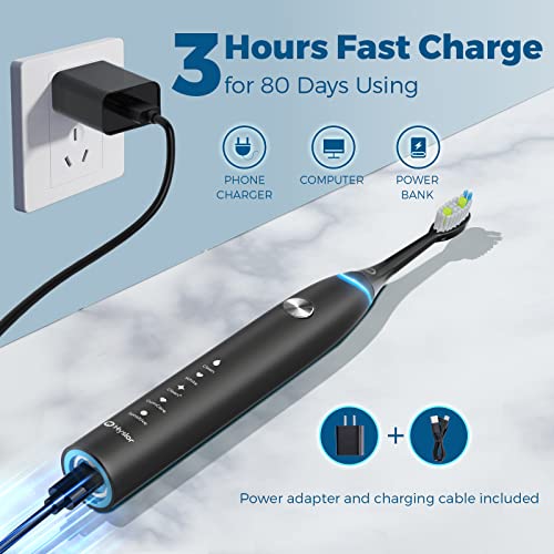 Hyslor Electric Toothbrush For Adults With Pressure Sensor, Rechargeable Sonic Toothbrushes With 6 Brush Heads, Travel Case, 3 Hours Fast Charge For 80 Days, Power Electronic Tooth Brush 5 Modes,Black #TOP3