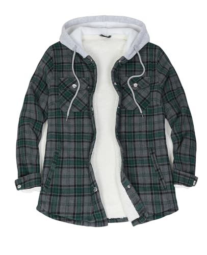 ZENTHACE Women's Flannel Shirt Jacket with Hood,Sherpa Lined Plaid Shacket Jackets,Snap Button Front