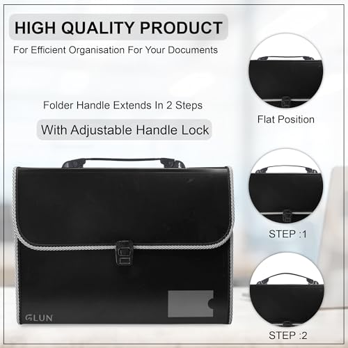 Image of GLUN 13 Pocket Expanding File Folder with Handle & Buckle Closure for A4 Size Documents - Portable Accordion Folder Organizer (Black)