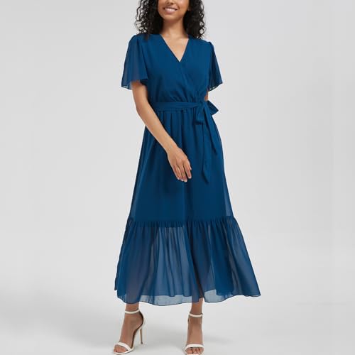 Image of Women's Summer Bohemian Floral Chiffon Dress Cap Sleeve V Neck Ruffle Long Flowy Boho Casual Vacation Dresses