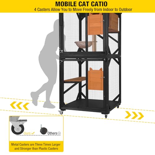 Image of Aivituvin Outdoor Catio Cat Enclosures on Wheels Cat House 70.9 inch Large Kitty House with Upgraded Resting Box,Waterproof Roof Cover,Brown