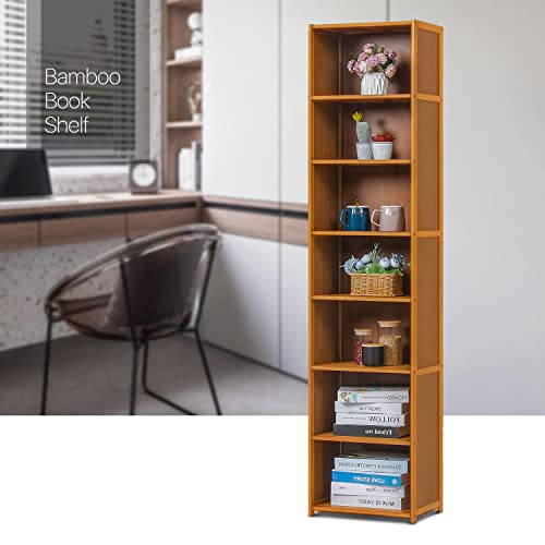 Monibloom Bamboo 7 Tier Free Standing Tall Bookcase Narrow Display Storage Shelves Collection Décor Furniture For Home Living Room Study Room, Brown #TOP7