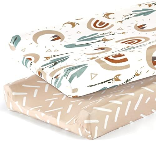 GRSSDER Stretch Ultra Soft Jersey Knit Changing Pad Cover Set 2 Pack,Change Table Pad Covers Fit 32"/34" x 16" Pads Safe and Snug,Stylish Cute Rainbow Print for Baby
