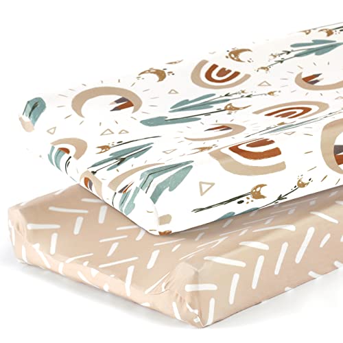 Image of GRSSDER Stretch Ultra Soft Jersey Knit Changing Pad Cover Set 2 Pack, Change Table Pad Covers Fit 32"/34" x 16" Pads Safe and Snug, Stylish Cute Rainbow Print for Baby
