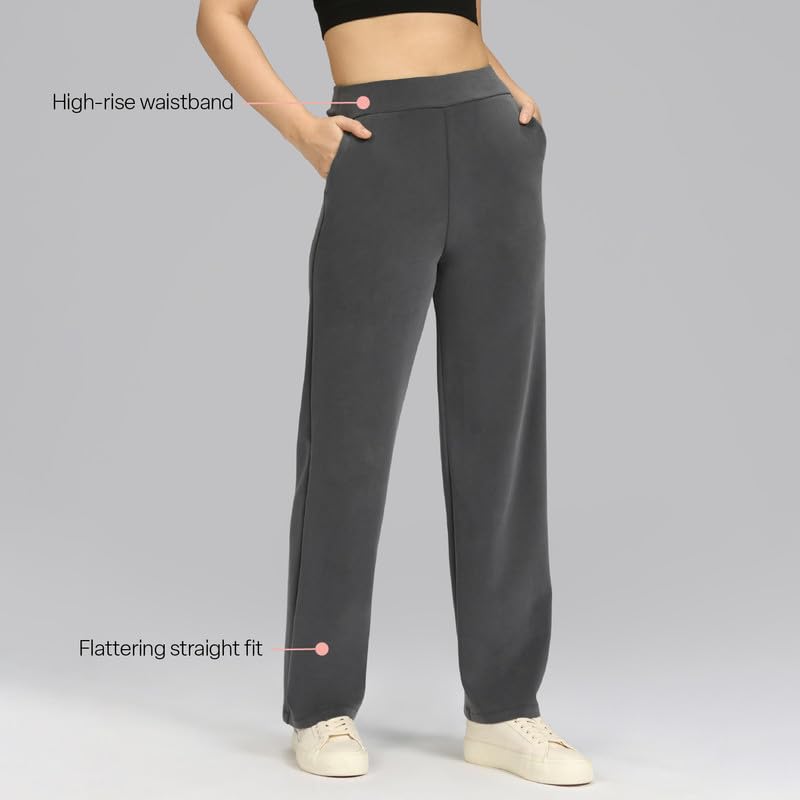 Image of BlissClub Womens BareButter Straight Pants, High Rise, Straight fit,Pockets, Comfortable Waistband,Regular Variant Below 5'4