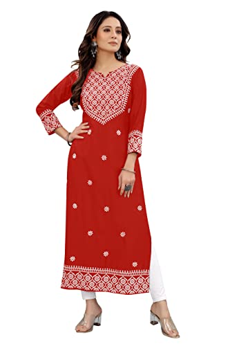 Image of Women's Rayon Embroidered Straight Kurti Under 499 Designer Attractive Look Women's Kurta