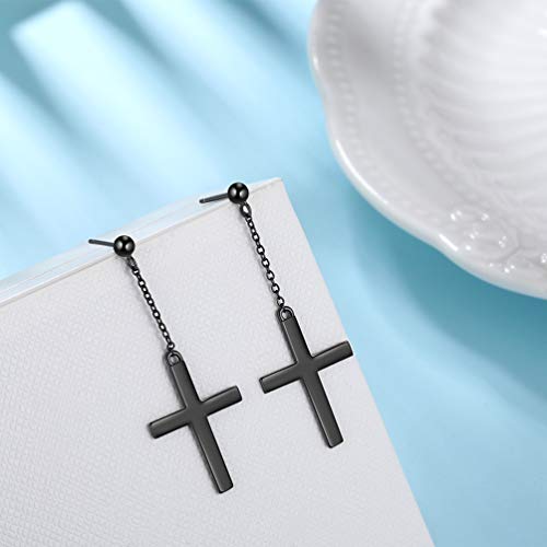 Mens Cross Earrings Black Gun Plated Over 925 Sterling Silver Cross Dangle Earrings For Mens Womens Boys Hip Hop Gothic Earrings Protection Religious Jewelry Gift For Birthday Anniversary Fe0104K #TOP3