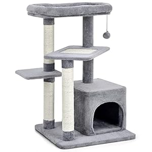 Tangkula Cat Tree Tower, 33.5” Multi-Level Small Cat Tower with Scratching Posts, Top Perch, Jingling Fur Ball, Jumping Platform, Cat Condo, Cute Cat Tree for Indoor Cats (Grey)
