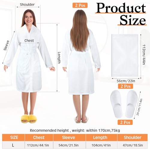 Handepo 2 Sets Waffle Bath Robe Set Unisex Hotel His and Hers Robes Couples Lightweight Knit Spa Bathrobe Slipper Hair Towel(White,L)2