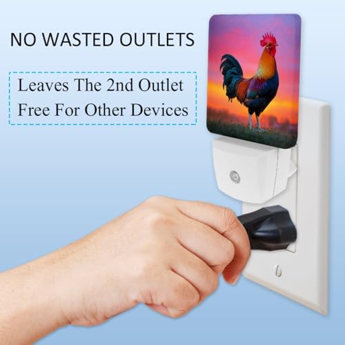 Image of NEWzone Rooster Sunset Night Light Set of 2, Auto Sensor LED Dusk-to-Dawn Nightlights, Plug-in Sensor Lamp for Bedroom Bathroom Kitchen Hallway Stairs Decorative