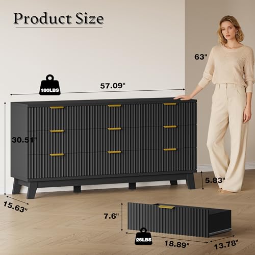 Image of BORNOON Fluted 9 Drawer Dresser, 57.1 inch Wide Modern Boho Chest of Drawers, Wooden Storage Dresser TV Stand for Bedroom, Living Room, Closet, Hallway, Curved Profile Design