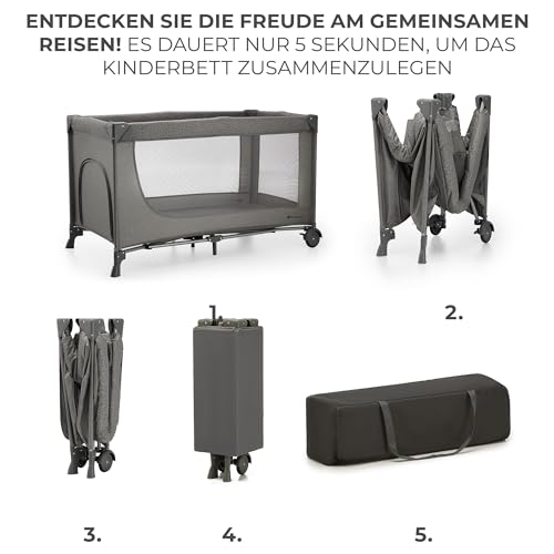 Kinderkraft Joy 2 Kinderbett, 2 in 1 Kinderreisebett, Babybetten, Kinderbett, Reisebett, Modernes Design, Kleine Abmessungen nach Zusammenklappe, Räder, Dunkelgrau