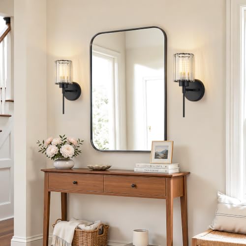 Image of Modern Wall Sconces Set of 2, Matte Black Wall Lights with Clear K9 Crystal Shades, Bathroom Vanity Lights for Bedroom, Living Room, Hallway