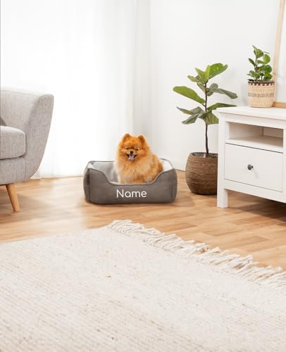 lionto Hundebett 2-in-1 mit komfortablem Einstieg, kuscheliges Heimtierbett zum Wenden für Hunde und Katzen, 60x50 cm, Hundekissen in pflegeleichter Wildlederoptik, grau (Namensaufdruck)