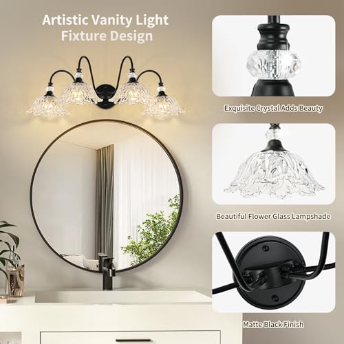 Image of 4-Light Matte Black Bathroom Vanity Light, Farmhouse Vanity Light with Floral Clear Glass Shades, Vintage Wall Mount Lighting for Bathroom
