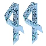 COtheSumay Mulberry Silk Scarf for Handbags & Purses, 2Pcs 2''x35'' Hair Ribbon Skinny Neck Scarves for Women（Carnival Blue）