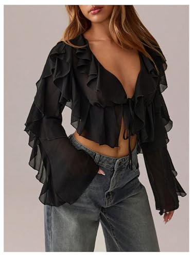 Floerns Women's Ruffle Trim Mesh Long Sleeve Blouses V Neck Tie Front Crop Tops2