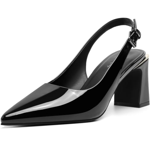 Image of Mostrin Kitten Heels for Women Pointed Toe Pumps Patent Leather Low Heel Slingback Heels with Buckle Dress Shoes for Dating Party Working