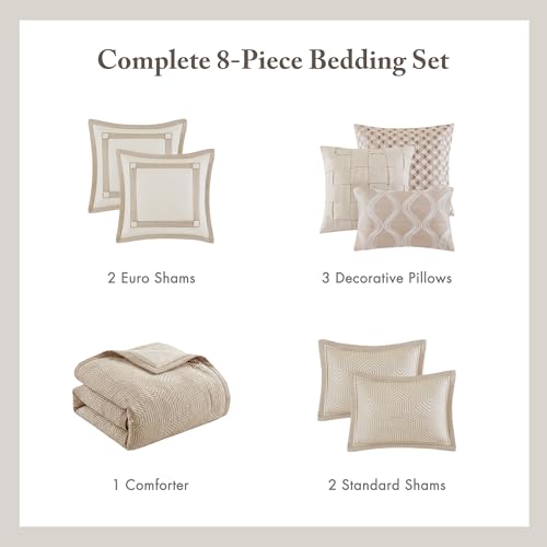 Image of Madison Park Signature Queen Luxury Jacquard Comforter Set, Removable Duvet Cover with Insert, Oversized Overfilled Bedding, Hand-Guided Embroidered Texture Accents, Geometric Ivory, 8-Piece