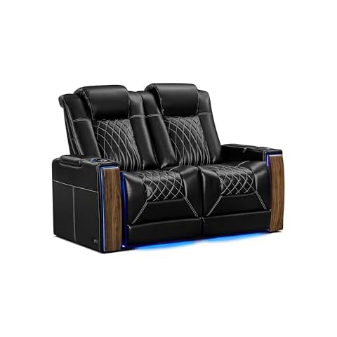 Valencia Tuscany Executive Heat & Massage Home Theater Seating | Top Grain Nappa Leather, Power Recliner with Headrest & Lumbar, Wall Hugger Recliner, Diamond Stitch, USB | Row of 2 Loveseat, Black Cover