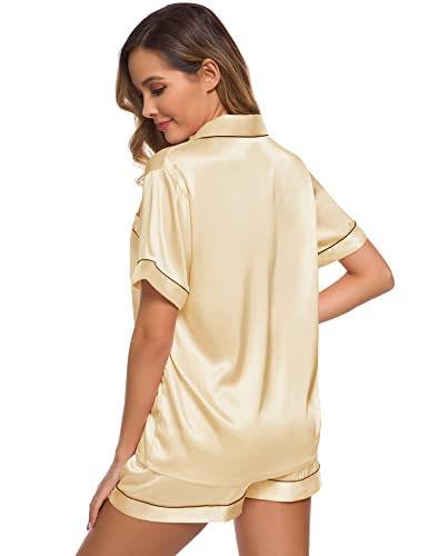 Image of SWOMOG Women Silk Satin Pajamas Set Short Sleeve Button Down Sleepwear Loungewear Pj Sets