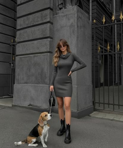 Image of v28 Sweater Dress for Women Ribbed Knit Fitted midi Sexy Fall Winter Bodycon Cowl Neck Dresses