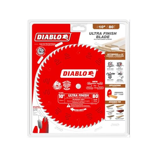 Image of Diablo Ultra Finish Saw Blade for Wood - 10 inch Diameter, 80 Hi-ATB Teeth, 5 /8 inch Arbor, .098 inch Kerf, 15-Degree Hook Angle, .071 inch Plate, 6000 Max RPM - D1080X
