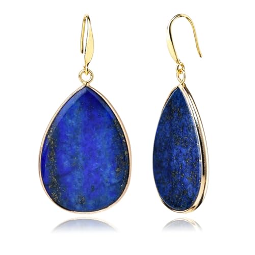 Handmade Blue Lapis Lazuli Crystal Earrings for Women 14k Gold Round Teardrop Earrings Bohemian Natural Lapis Lazuli Gemstone Earrings Christmas Gifts (Teardrop)
