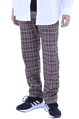 [revertical] リバーティカル セミワイドテーパードパンツ チェックパンツ メンズ 無地 ズボン スラックス ワイドパンツ カジュアルパンツ ウエストゴム (チェック ダークブラウン, L)