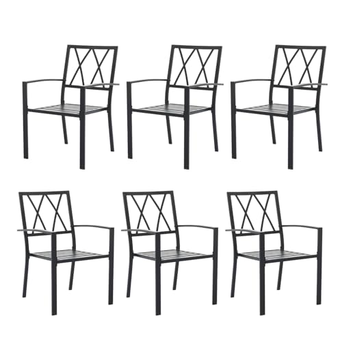 Puntogen Patio Outdoor Dining Chairs Set of 6, Rust-Resistant Black Metal Chairs - Stackable Bistro Chair with Armrest, Weatherproof Wrought Iron Chair, 300 lbs Load for Backyard Porch Lawn Garden