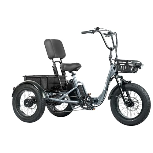 Folding Electric Tricycle for Adults 2 Seater, 22MPH 100 Miles 4″ Wide Fat Tire Electric Trike, 3 Wheel Electric Bike 1200W, 48V 20AH Battery, 550LBS Load, Reverse, Parking, Differential, UL Certified