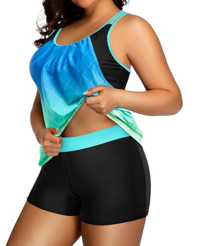 Image of Womens Plus Size Tankini Swimsuit Two Piece Tummy Control Bathing Suit | Blouson Racerback Tankini Top with Shorts, Double Up Design, Removable Pad