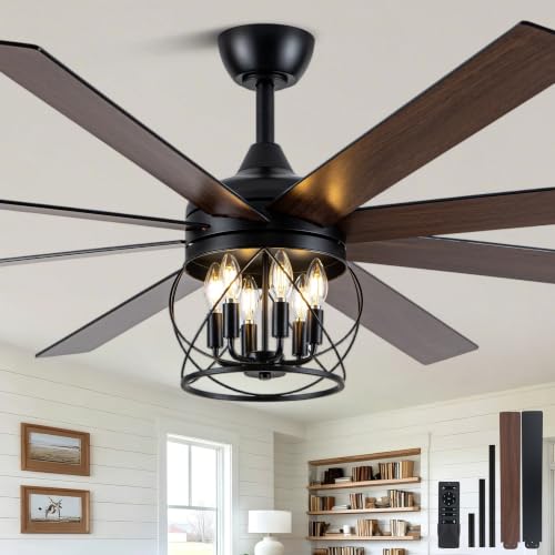 Image of 72 Inch Farmhouse Ceiling Fan with Lights Rustic Ceiling Fan | Remote Control, Rustic Black Caged Fandelier, Industrial Large Chandelier, 3 Downrods for Living Room Indoor Covered Porch